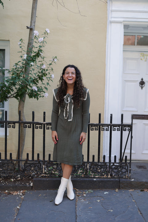 Olive green knit collar dress